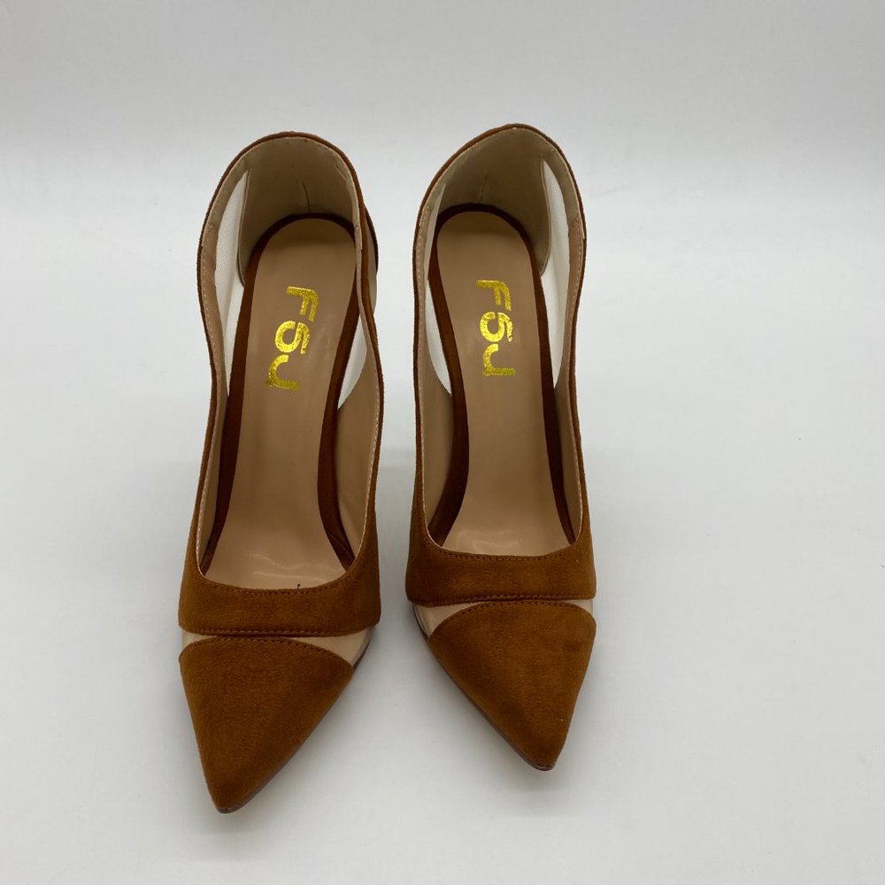 FSJ Brown Mesh High Heel Pointed Toe Pump - Picture 4 of 11